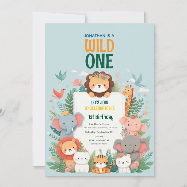 Wild One Safari Jungle Animal Birthday Invitation (Front)