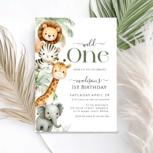 Wild One Safari Jungle Animal Boy 1st Birthday Inv Invitation (Creator Uploaded)