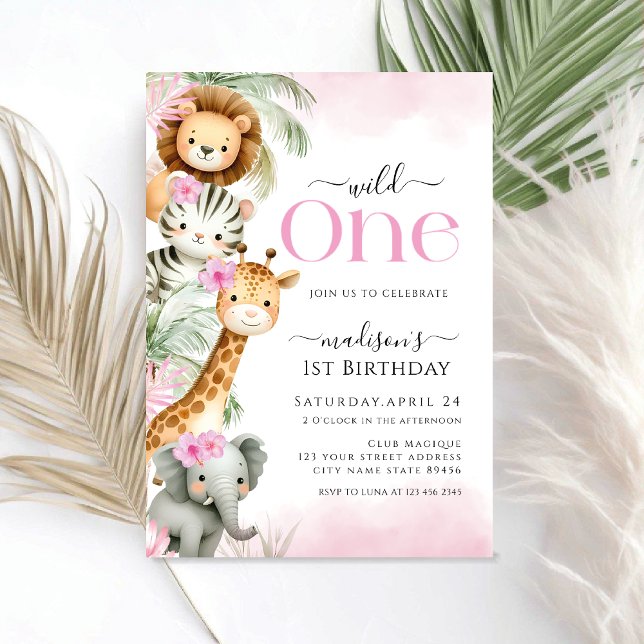 Wild One Safari Jungle Animal girl 1st Birthday  Invitation (Creator Uploaded)