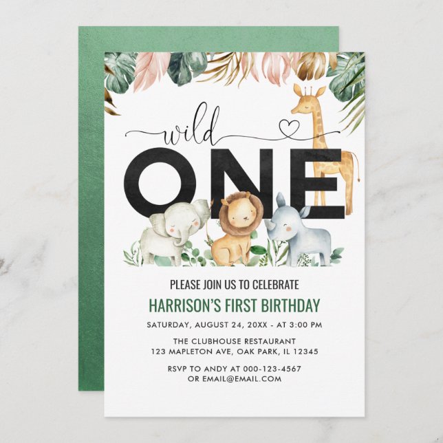 Wild one Safari Jungle Animals 1st Birthday Invitation (Front/Back)