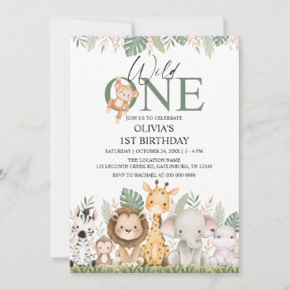 Wild One Safari Jungle Animals 1st Birthday Invitation