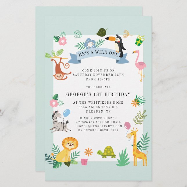 Wild One Safari Jungle Animals 1st Birthday Stationery (Front/Back)