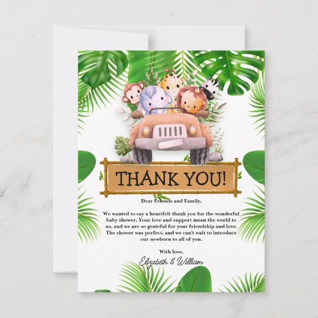 Wild One Safari JUNGLE Animals Birthday  Thank You Card (Front)