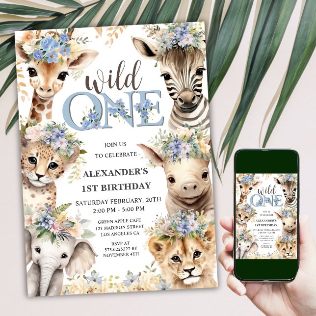 Wild One Safari Jungle Animals Boy 1st Birthday Invitation (Creator Uploaded)