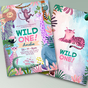 Wild one safari jungle animals Girl birthday  Invitation