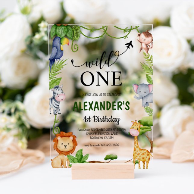 Wild One Safari Jungle Animals Watercolor Birthday Acrylic Invitations (Creator Uploaded)