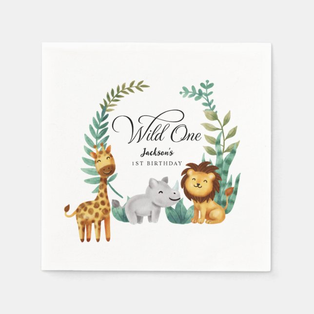 Wild One Safari Jungle Boys 1st Birthday Party Napkin (Front)
