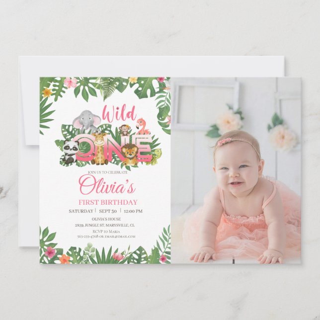 Wild One Safari Jungle First Birthday Baby Girl Invitation (Front)