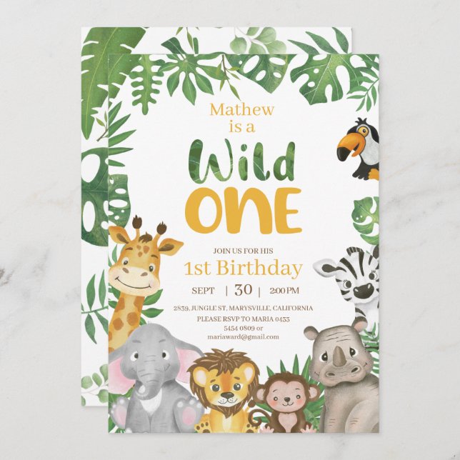 Wild One Safari Jungle First Birthday Yellow Invitation (Front/Back)
