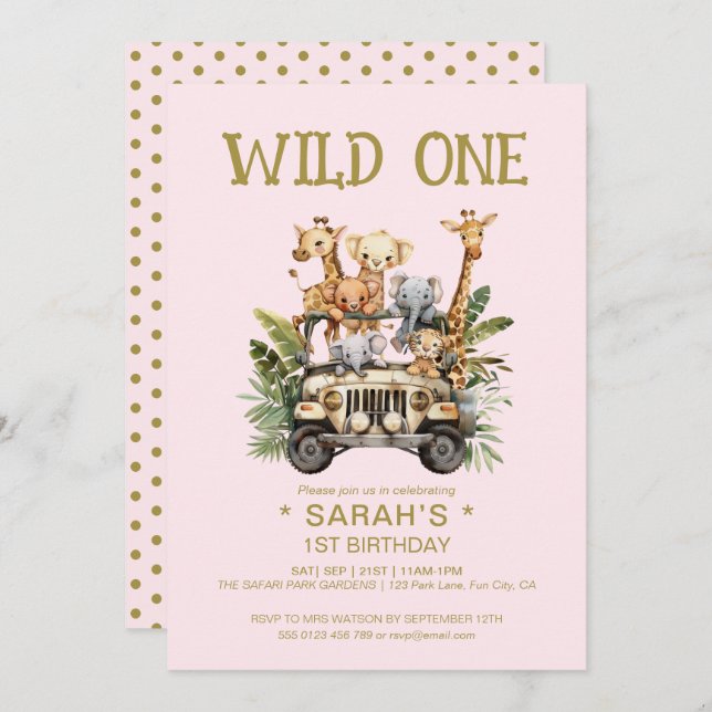 Wild One Safari Jungle Pink 1st First Birthday Invitation (Front/Back)