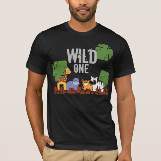 WILD ONE Safari Jungle Theme First Birthday black T-Shirt (Front)