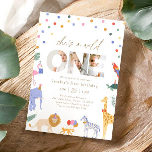 Wild One Safari Party Animals 1st Birthday Photo Invitation