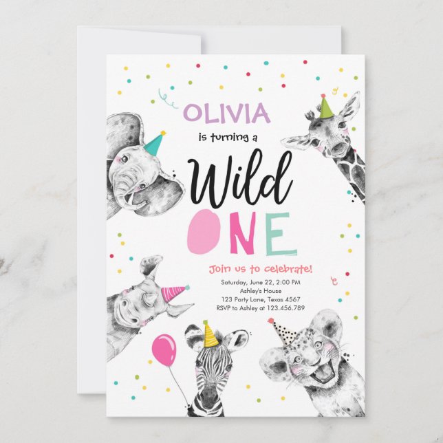 Wild One Safari Party Animals Girl First Birthday Invitation (Front)