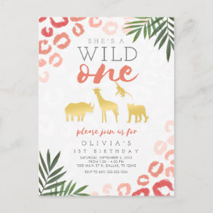 Wild One Safari Pink and Gold 1st Birthday Postcard