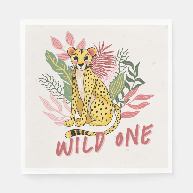Wild One Safari Pink Cheetah Kids Birthday Party Napkin (Front)