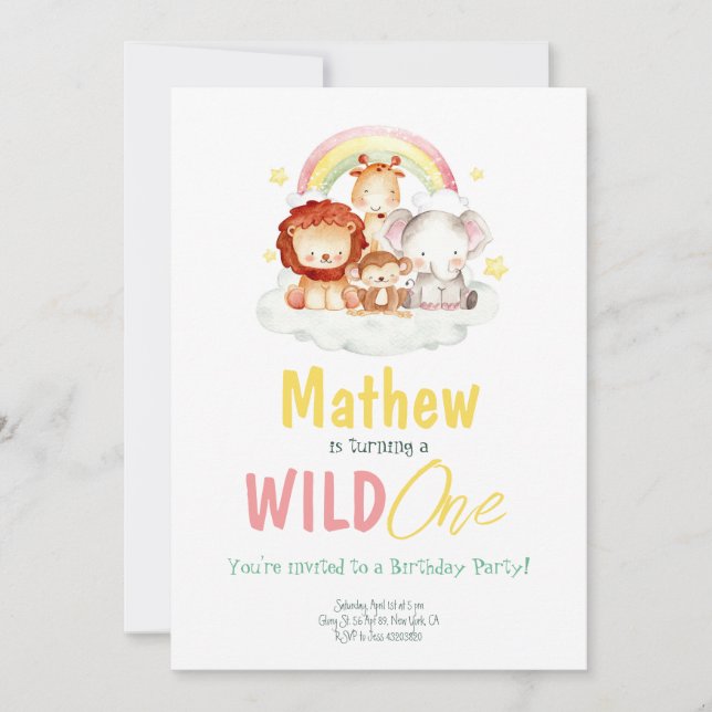 Wild One Safari rainbow Jungle Animals Birthday Invitation (Front)