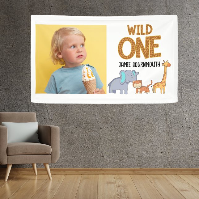 Wild One Safari Theme Boys 1st Birthday Banner (Wild one 1st birthday party banner. Photo and name with jungle safari animals.)