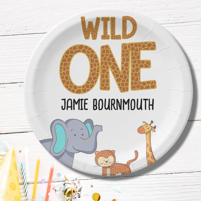 Wild One Safari Theme Boys 1st Birthday Paper Plate (Wild one safari jungle animals 1st birthday party paper plates.)
