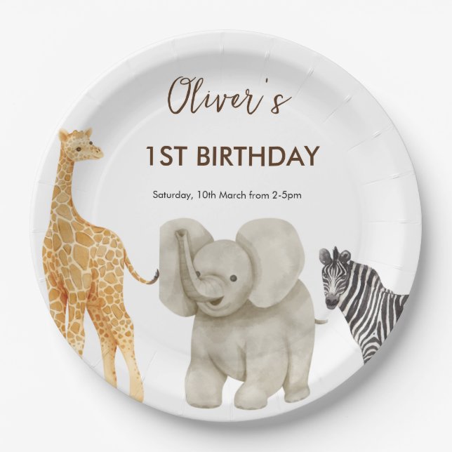 Wild One Safari Theme First Birthday   Paper Plate (Front)