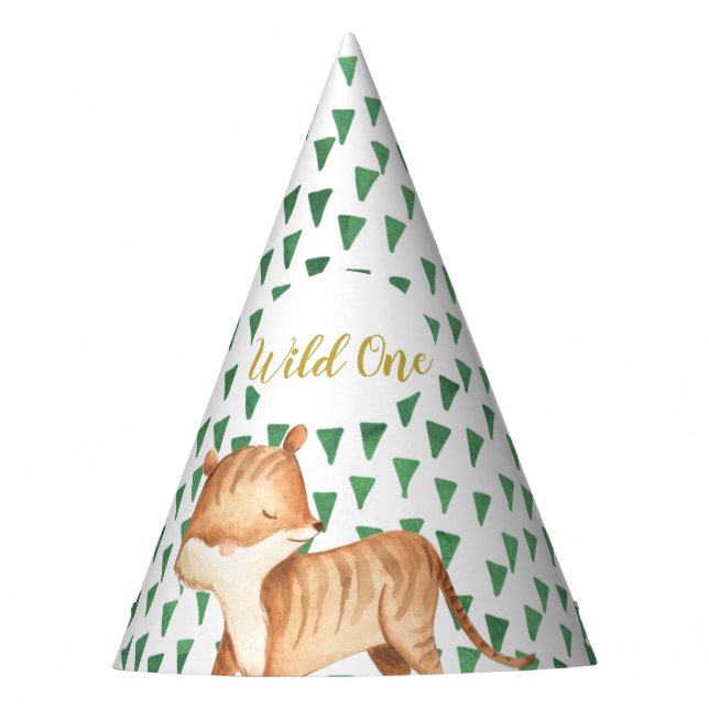 Wild One Safari Tiger Birthday Party Hat (Front)