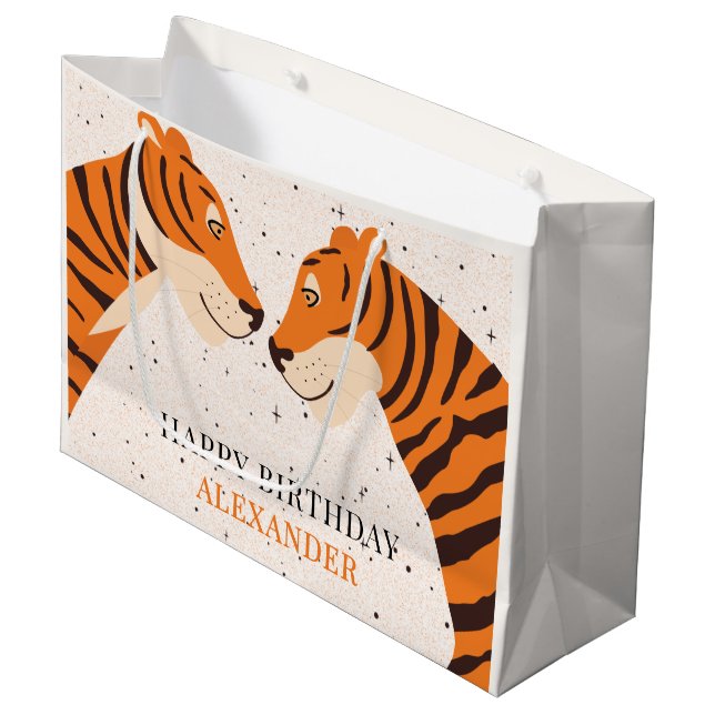 Wild One Safari Tiger Happy Birthday Large Gift Bag (Front Angled)