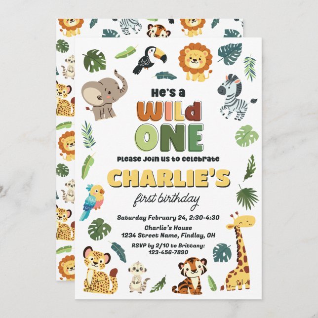 Wild One Safari Zoo Animal Birthday Party Any Age Invitation (Front/Back)