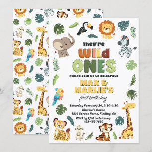Wild One Safari Zoo Animal Birthday Party, Twins Invitation