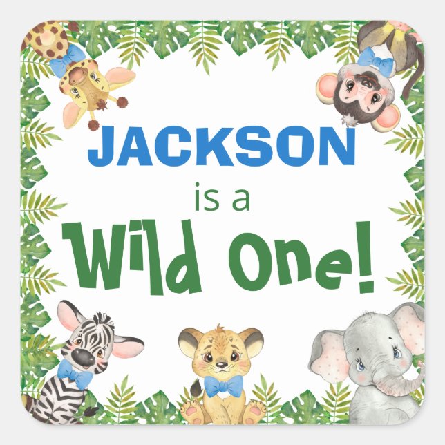 Wild One Safari Zoo Animals Boy First Birthday Square Sticker (Front)