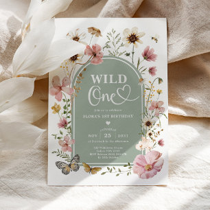 Wild One: Sage Green Wildflower First Birthday Invitation