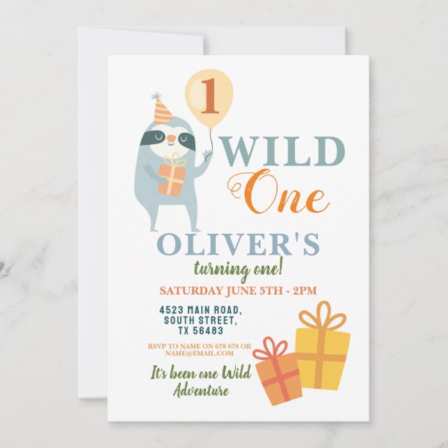 Wild One Sloth Birthday First Party Invitation (Front)
