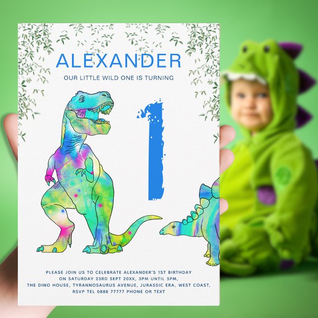 Wild One T Rex 1st Birthday Party blue Invitation (Dinosaur wild one modern 1st birthday party blue invitation with colorful T-Rex and Stegosaurus dino)