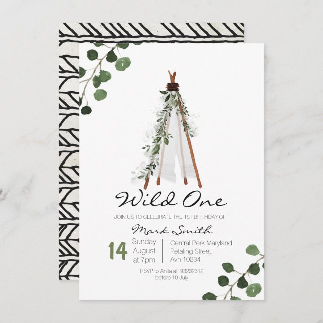 Wild One Teepee first birthday invitation (Front/Back)