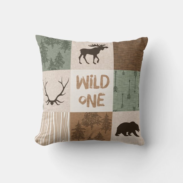 Wild one Throw Pillow - green and brown (Front)