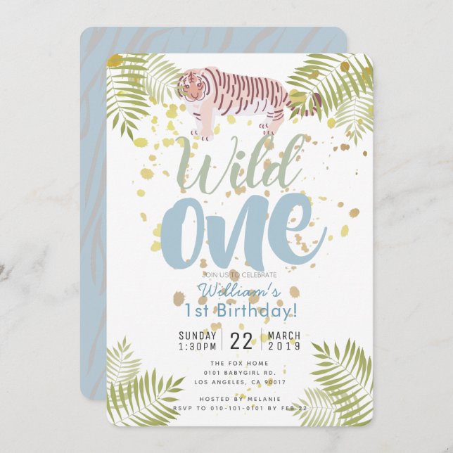 Wild One Tiger Blue Boy 1st Birthday Invitation (Front/Back)