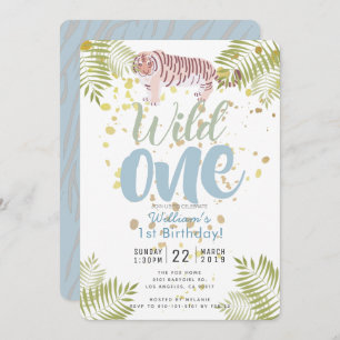 Wild One Tiger Blue Boy 1st Birthday Invitation