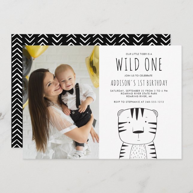 Wild One Tiger Custom Photo First Birthday Invitation (Front/Back)