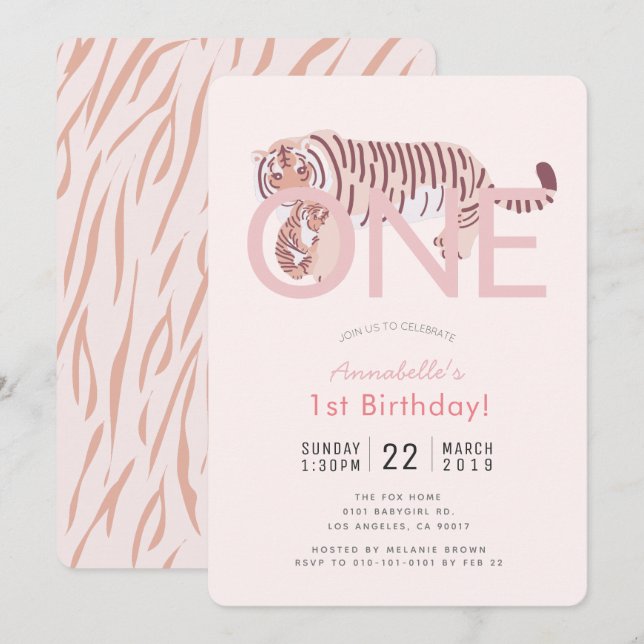 Wild One Tiger Pink Girl 1st Birthday Invitation (Front/Back)