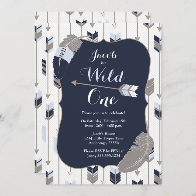 Wild ONE Tribal Arrows Birthday Party Blue Grey Invitation (Front/Back)