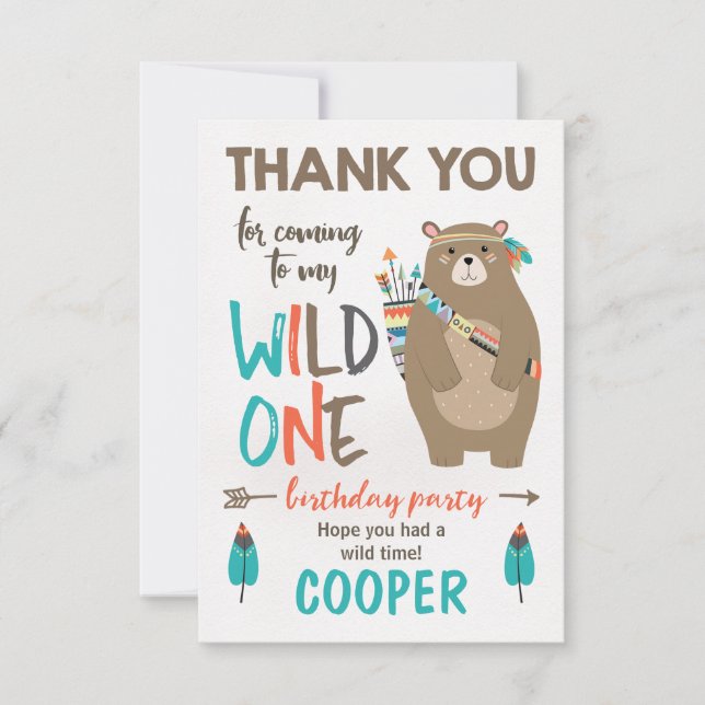 Wild One tribal Bear Birthday Thank You Card (Front)