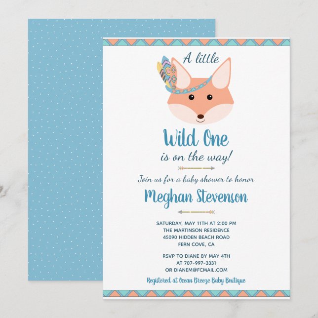 Wild One Tribal Boho Aztec Blue Boy Baby Shower Invitation (Front/Back)