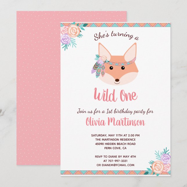 Wild One Tribal Boho Aztec Pink 1st Birthday Party Invitation (Front/Back)