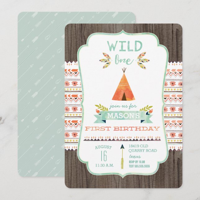 Wild One Tribal Boy Birthday Party Invitations (Front/Back)