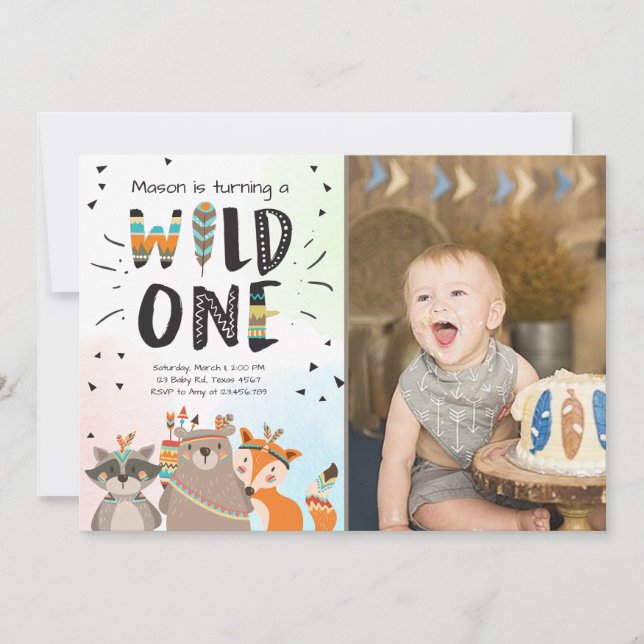 Wild One Tribal First birthday invitation Woodland (Front)