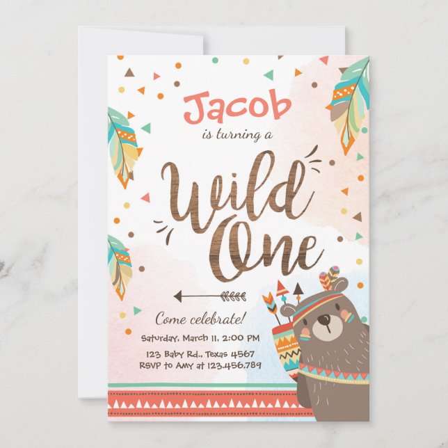 Wild One Tribal First birthday invitation Woodland (Front)