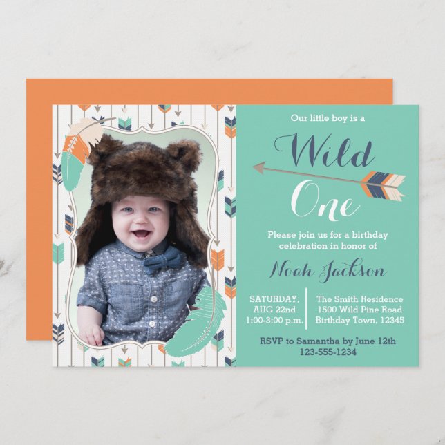 Wild One Tribal First Birthday Photo Invitation (Front/Back)