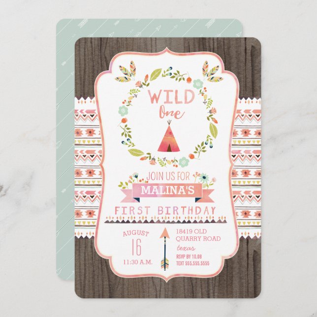 Wild One Tribal Girl Birthday Party Invitations (Front/Back)