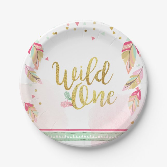 Wild One Tribal Gold First birthday Paper Plates (Front)