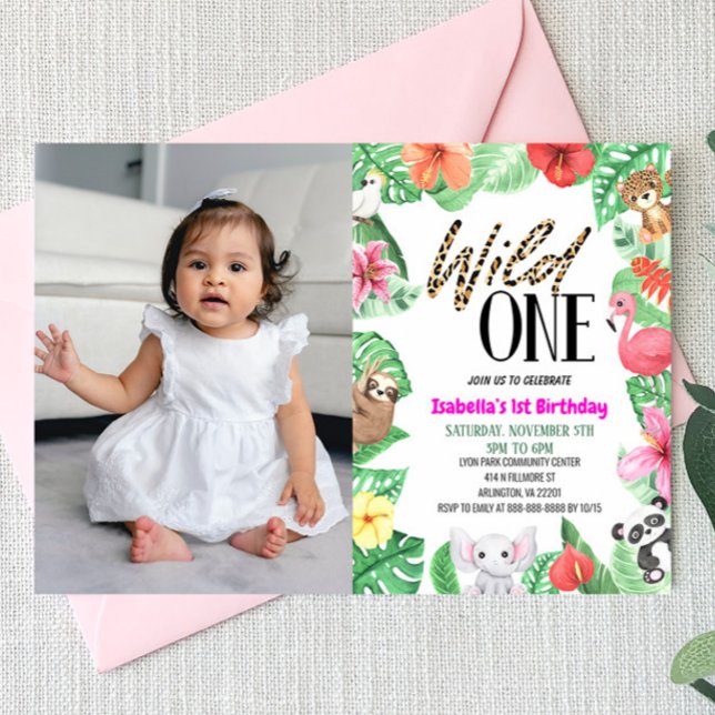 Wild One Tropical Animal Photo 1st Birthday Party Invitation (Creator Uploaded)