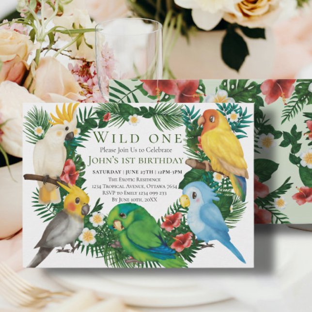Wild One Tropical Exotic Parrots Boy 1st Birthday  Invitation (Creator Uploaded)
