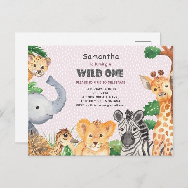 Wild One Tropical Jungle Camp 1st Birthday Invite Postcard (Front/Back)